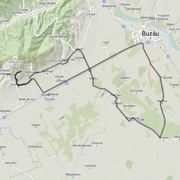 Map miniature of "Pietroasele Countryside Route" cycling inspiration in Sud-Est, Romania. Generated by Tarmacs.app cycling route planner