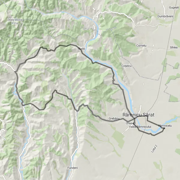 Map miniature of "The Buda Loop" cycling inspiration in Sud-Est, Romania. Generated by Tarmacs.app cycling route planner