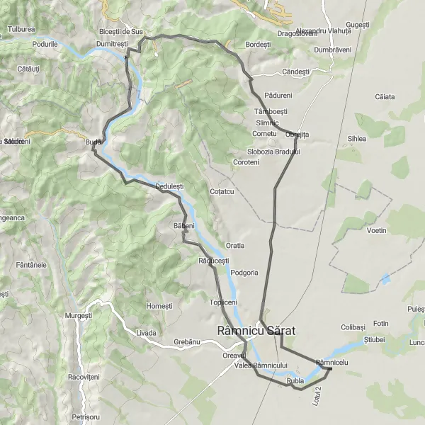 Map miniature of "The Rural Escape" cycling inspiration in Sud-Est, Romania. Generated by Tarmacs.app cycling route planner