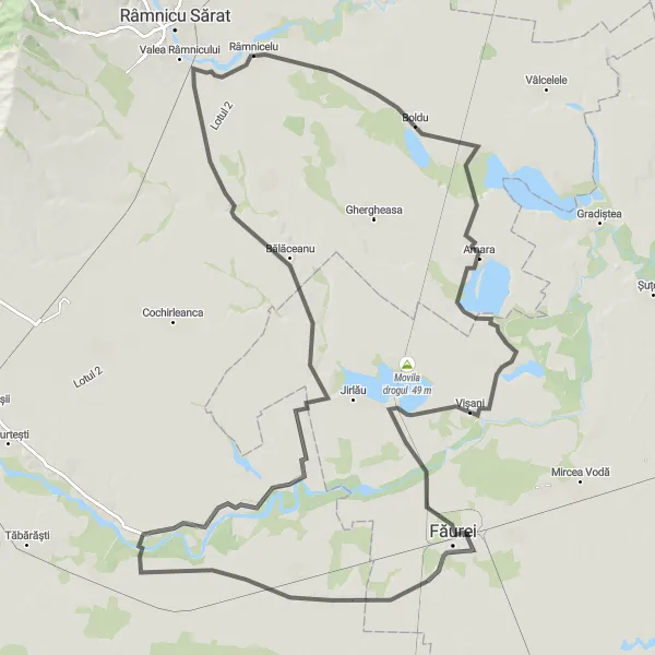 Map miniature of "Râmnicelu Loop" cycling inspiration in Sud-Est, Romania. Generated by Tarmacs.app cycling route planner