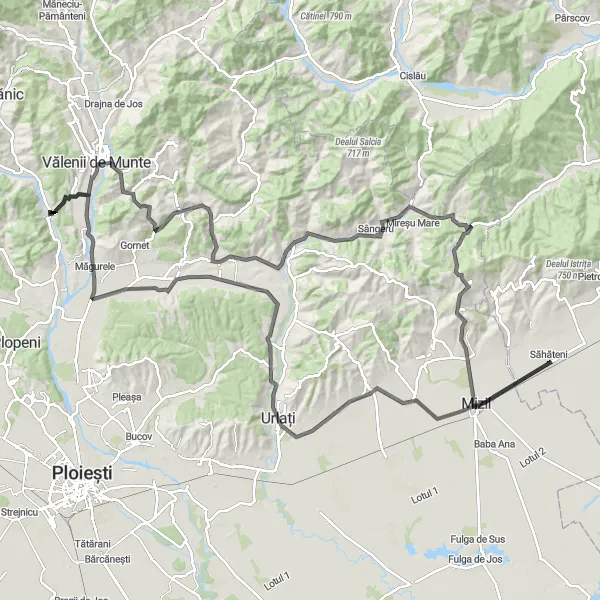 Map miniature of "Săhăteni to Mizil via Jercălăi and Poiana Copăceni" cycling inspiration in Sud-Est, Romania. Generated by Tarmacs.app cycling route planner