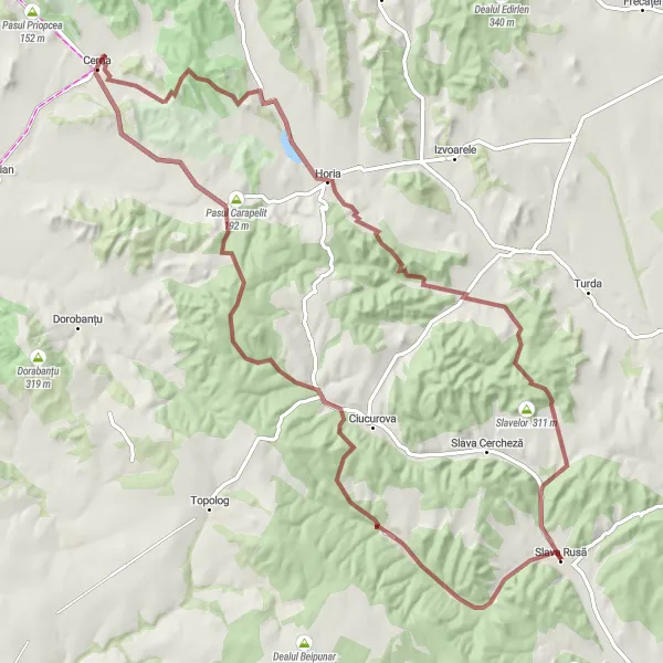 Map miniature of "Carapelit Gravel Adventure" cycling inspiration in Sud-Est, Romania. Generated by Tarmacs.app cycling route planner