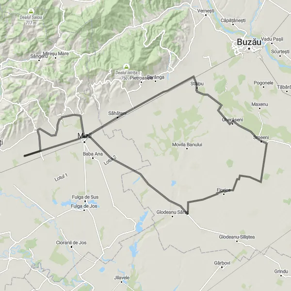 Map miniature of "Smeeni - Mizil Loop" cycling inspiration in Sud-Est, Romania. Generated by Tarmacs.app cycling route planner