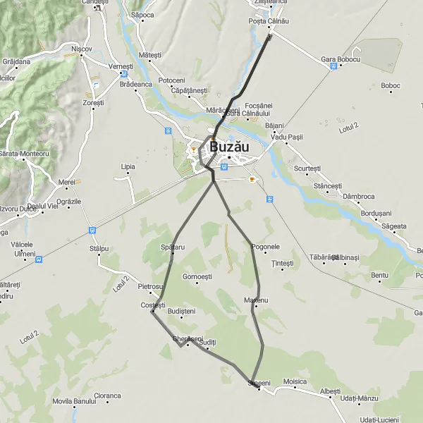 Map miniature of "Smeeni and surrounding villages loop" cycling inspiration in Sud-Est, Romania. Generated by Tarmacs.app cycling route planner