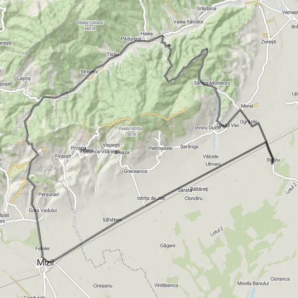 Map miniature of "The Istrița de Jos Loop" cycling inspiration in Sud-Est, Romania. Generated by Tarmacs.app cycling route planner