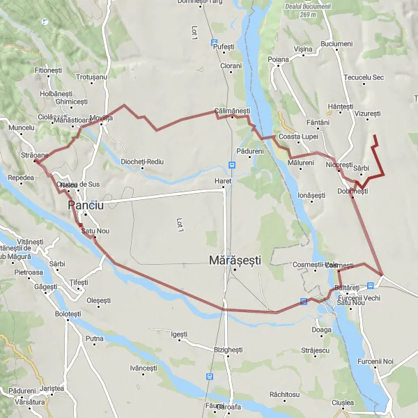 Map miniature of "Gravel Adventure to Străoane" cycling inspiration in Sud-Est, Romania. Generated by Tarmacs.app cycling route planner