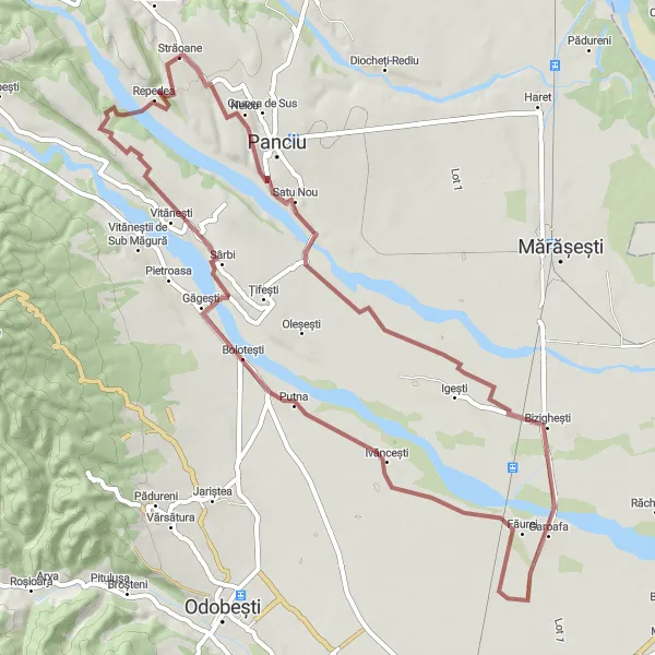 Map miniature of "Străoane Gravel Adventure" cycling inspiration in Sud-Est, Romania. Generated by Tarmacs.app cycling route planner