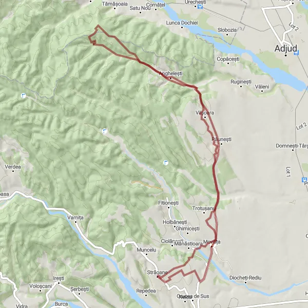 Map miniature of "Off-the-Beaten-Path Gravel Adventure" cycling inspiration in Sud-Est, Romania. Generated by Tarmacs.app cycling route planner