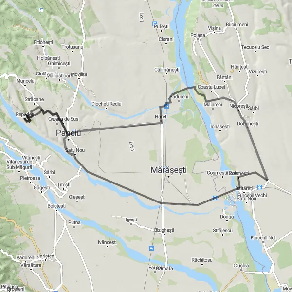 Map miniature of "Străoane Loop" cycling inspiration in Sud-Est, Romania. Generated by Tarmacs.app cycling route planner