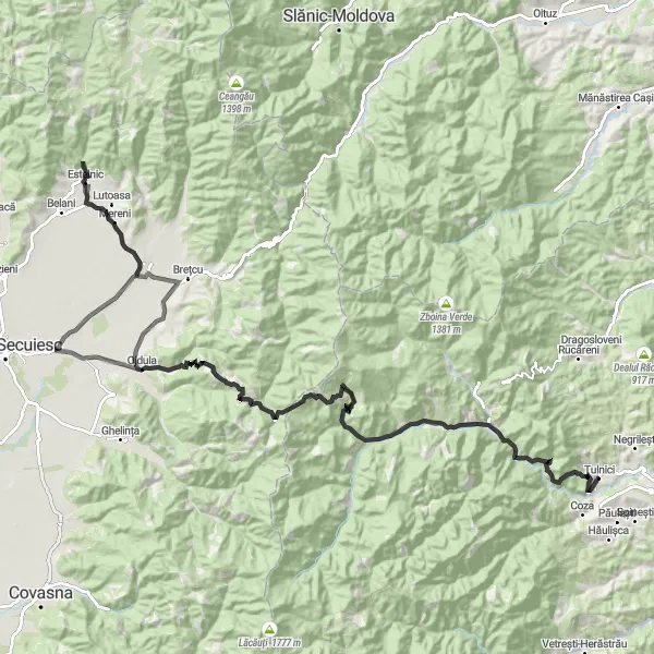 Map miniature of "The Mountain Loop Challenge" cycling inspiration in Sud-Est, Romania. Generated by Tarmacs.app cycling route planner
