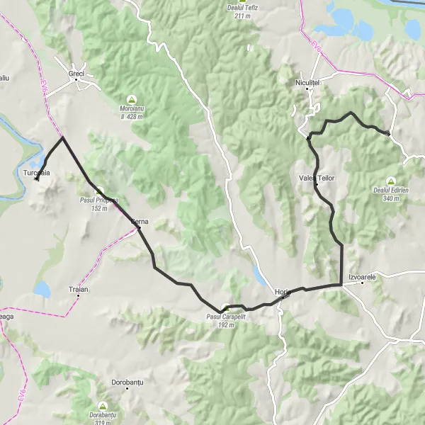 Map miniature of "The Ultimate Hill Challenge" cycling inspiration in Sud-Est, Romania. Generated by Tarmacs.app cycling route planner