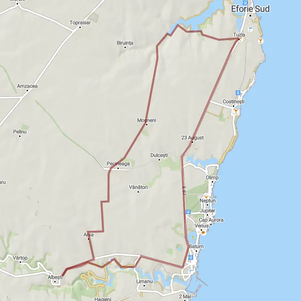 Map miniature of "The Pecineaga Gravel Adventure" cycling inspiration in Sud-Est, Romania. Generated by Tarmacs.app cycling route planner