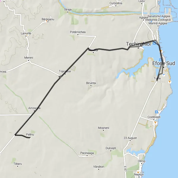 Map miniature of "Techirghiol and Beyond" cycling inspiration in Sud-Est, Romania. Generated by Tarmacs.app cycling route planner