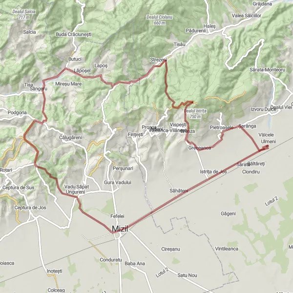 Map miniature of "The Gravel Escape" cycling inspiration in Sud-Est, Romania. Generated by Tarmacs.app cycling route planner