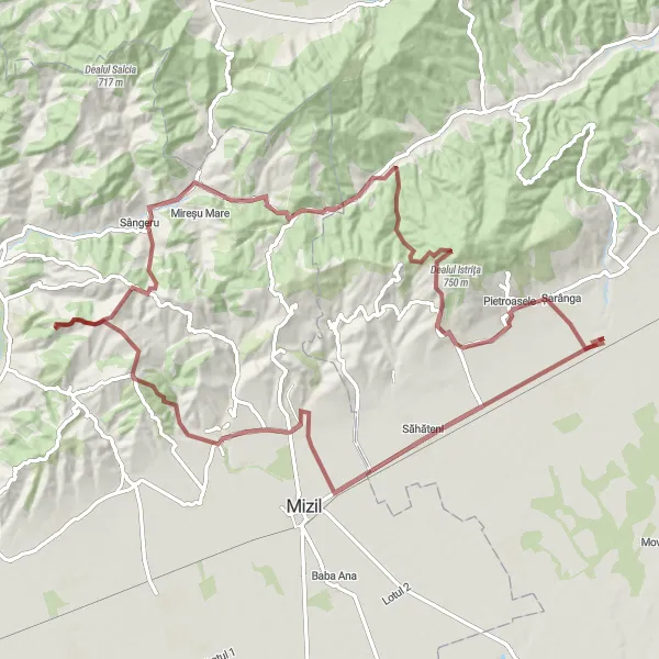 Map miniature of "Breaza and Clondiru de Sus Gravel Route" cycling inspiration in Sud-Est, Romania. Generated by Tarmacs.app cycling route planner