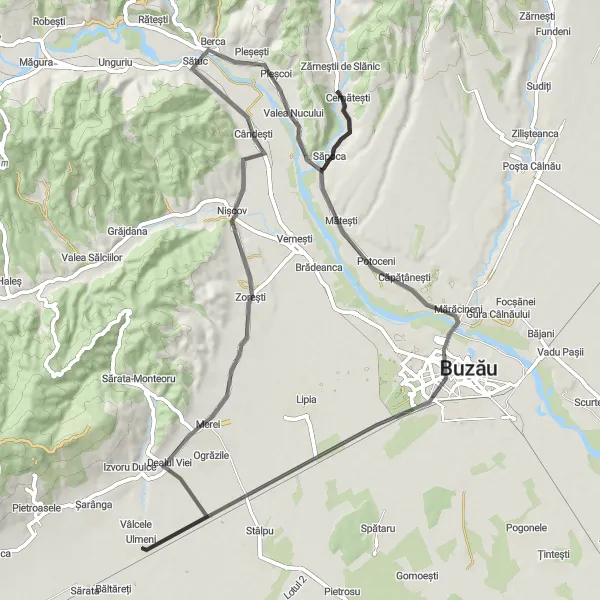 Map miniature of "The Scenic Serenade" cycling inspiration in Sud-Est, Romania. Generated by Tarmacs.app cycling route planner