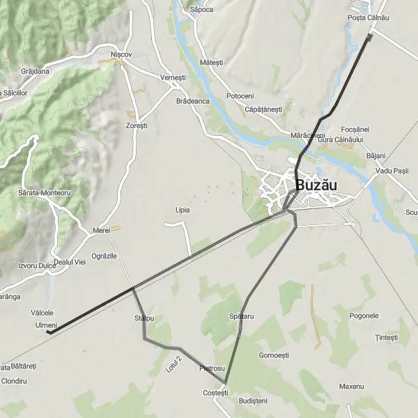 Map miniature of "The Road Less Traveled" cycling inspiration in Sud-Est, Romania. Generated by Tarmacs.app cycling route planner