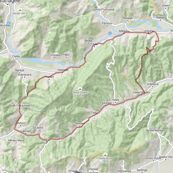 Map miniature of "UnguriJungle Gravel Adventure" cycling inspiration in Sud-Est, Romania. Generated by Tarmacs.app cycling route planner