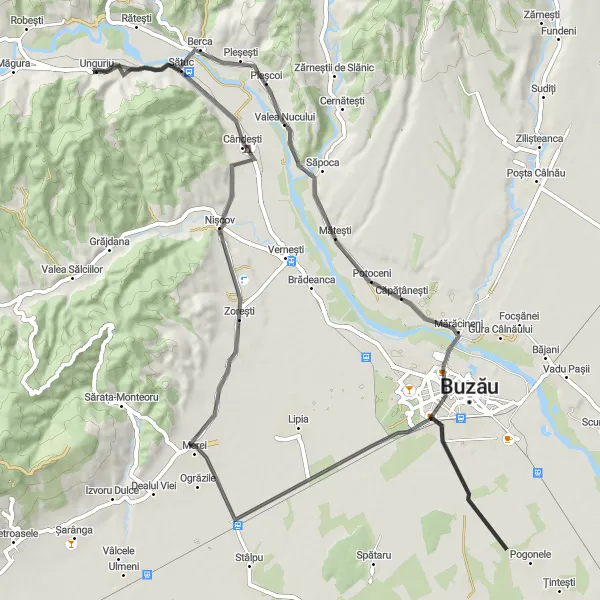 Map miniature of "Mătești Loop" cycling inspiration in Sud-Est, Romania. Generated by Tarmacs.app cycling route planner