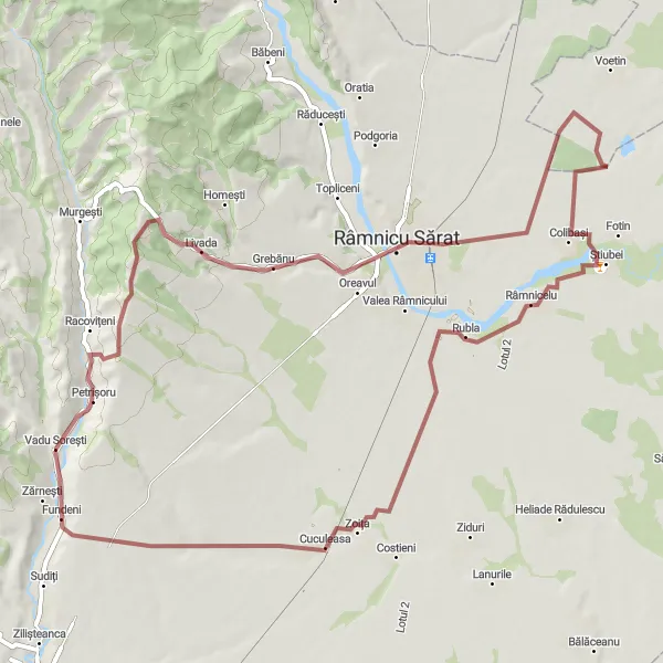 Map miniature of "The Râmnicu Sărat Loop" cycling inspiration in Sud-Est, Romania. Generated by Tarmacs.app cycling route planner