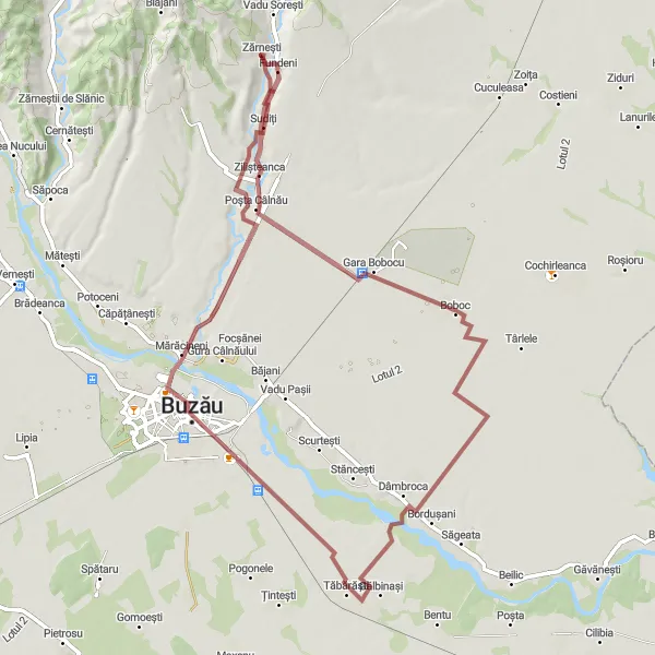 Map miniature of "The Boboc Gravel Adventure" cycling inspiration in Sud-Est, Romania. Generated by Tarmacs.app cycling route planner