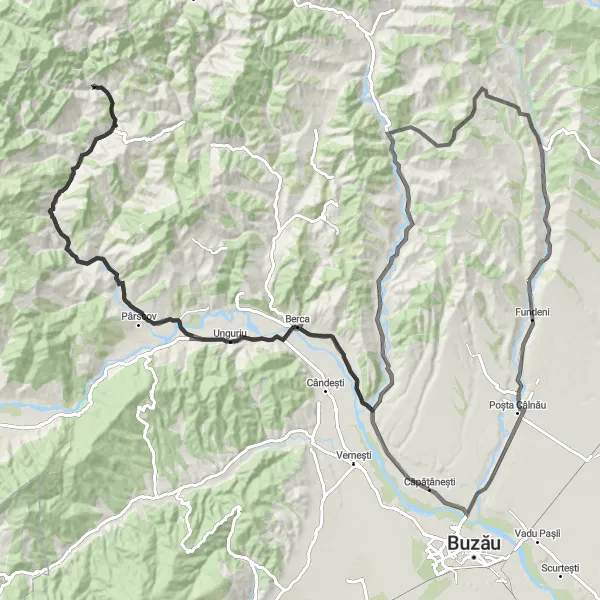 Map miniature of "Berca Discovery" cycling inspiration in Sud-Est, Romania. Generated by Tarmacs.app cycling route planner