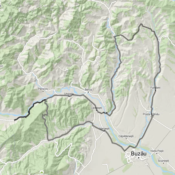 Map miniature of "The Viperești Epic Road Ride" cycling inspiration in Sud-Est, Romania. Generated by Tarmacs.app cycling route planner