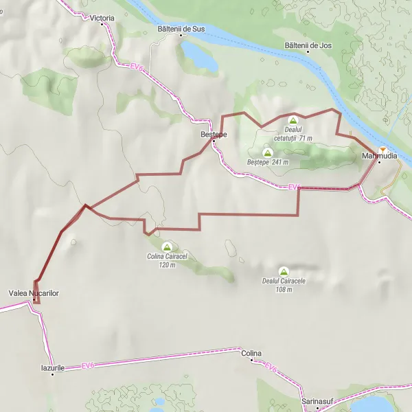 Map miniature of "Nature and History Gravel Ride" cycling inspiration in Sud-Est, Romania. Generated by Tarmacs.app cycling route planner