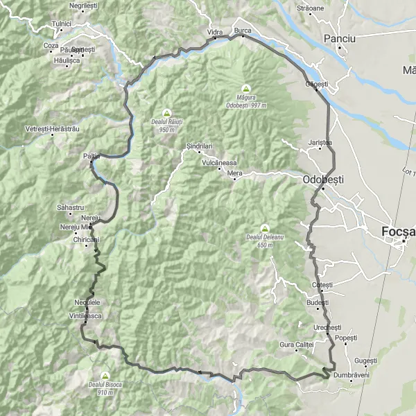 Map miniature of "The Urechești Challenge" cycling inspiration in Sud-Est, Romania. Generated by Tarmacs.app cycling route planner