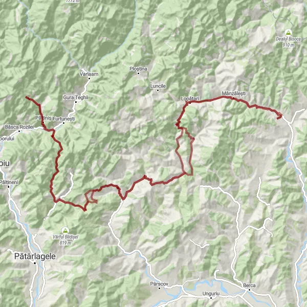 Map miniature of "Vintilă Vodă - Bozioru - Belvedere - Colții de Jos - Mățara" cycling inspiration in Sud-Est, Romania. Generated by Tarmacs.app cycling route planner