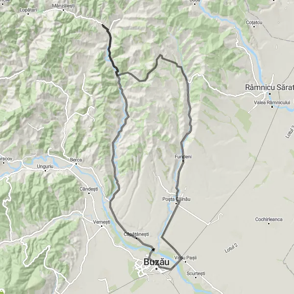 Map miniature of "Vintilă Vodă - Fundeni - Bl. C 7 - Mătești" cycling inspiration in Sud-Est, Romania. Generated by Tarmacs.app cycling route planner