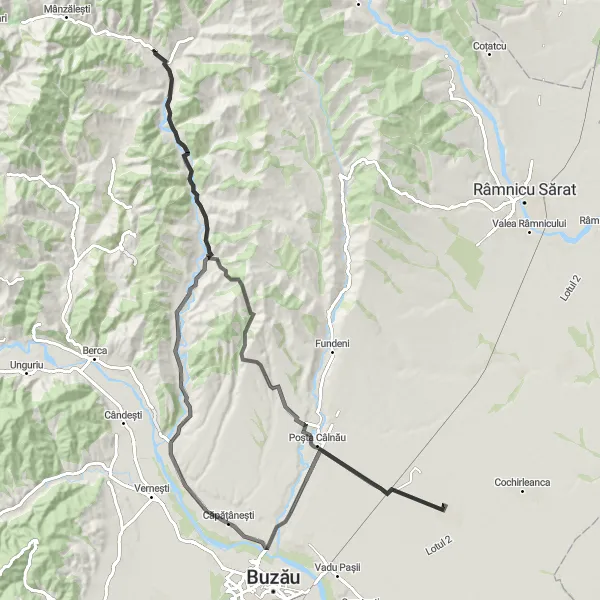 Map miniature of "The Historical Route" cycling inspiration in Sud-Est, Romania. Generated by Tarmacs.app cycling route planner