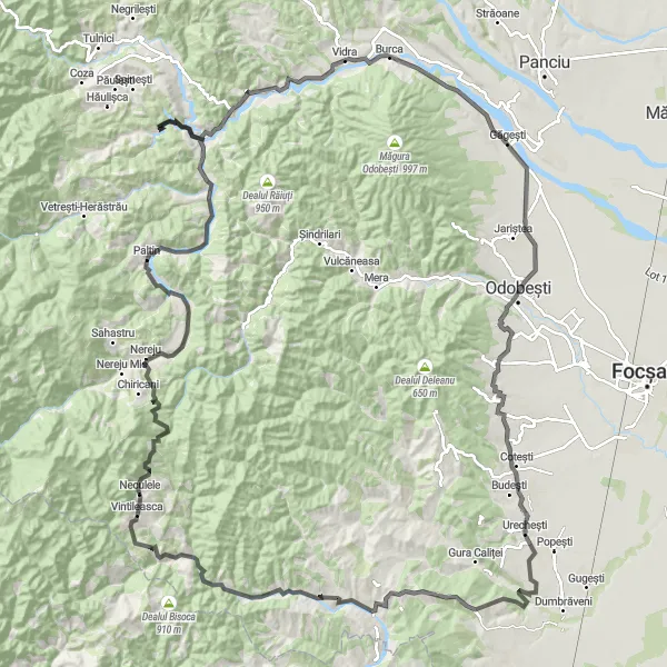 Map miniature of "Ultimate Vrâncioaia Challenge" cycling inspiration in Sud-Est, Romania. Generated by Tarmacs.app cycling route planner