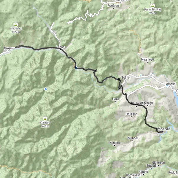 Map miniature of "Lepșa Adventure" cycling inspiration in Sud-Est, Romania. Generated by Tarmacs.app cycling route planner