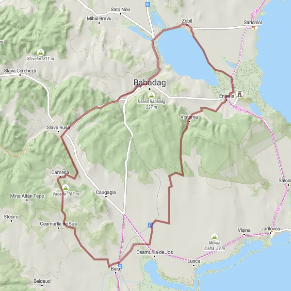 Map miniature of "The Baia Gravel Loop" cycling inspiration in Sud-Est, Romania. Generated by Tarmacs.app cycling route planner