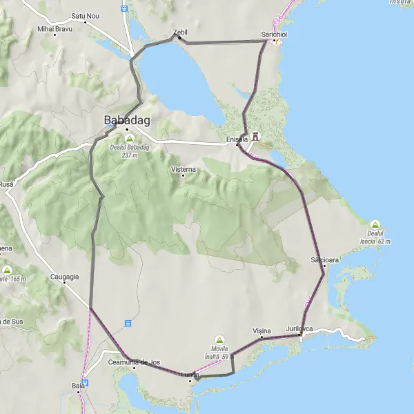 Map miniature of "The Road Less Traveled" cycling inspiration in Sud-Est, Romania. Generated by Tarmacs.app cycling route planner