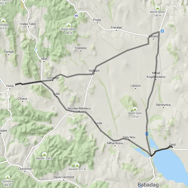 Map miniature of "The Izvoarele Scenic Ride" cycling inspiration in Sud-Est, Romania. Generated by Tarmacs.app cycling route planner