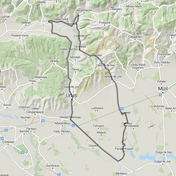Map miniature of "Ceptura de Sus to Albești-Paleologu Road Cycling Route" cycling inspiration in Sud-Muntenia, Romania. Generated by Tarmacs.app cycling route planner