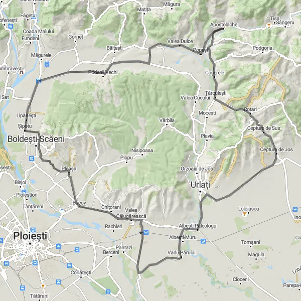 Map miniature of "The Pleașa Exploration" cycling inspiration in Sud-Muntenia, Romania. Generated by Tarmacs.app cycling route planner