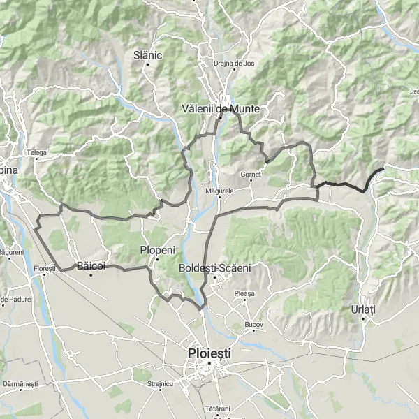 Map miniature of "Lipănești to Poiana Copăceni Road Cycling Route" cycling inspiration in Sud-Muntenia, Romania. Generated by Tarmacs.app cycling route planner