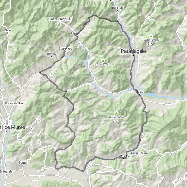 Map miniature of "Chiojdu to Mârlogea Road Cycling Route" cycling inspiration in Sud-Muntenia, Romania. Generated by Tarmacs.app cycling route planner