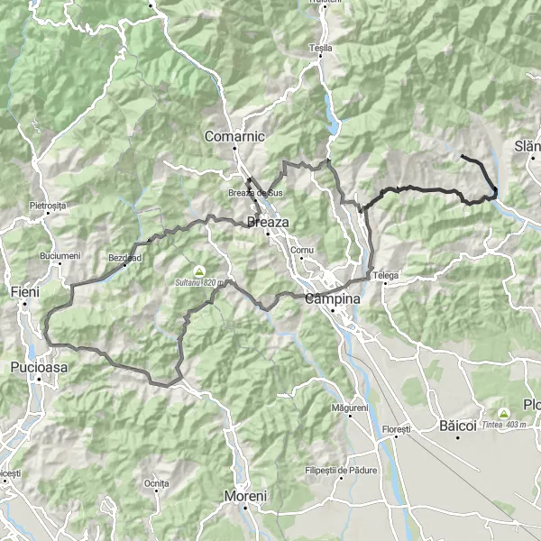 Map miniature of "Mountain and Valley Adventure" cycling inspiration in Sud-Muntenia, Romania. Generated by Tarmacs.app cycling route planner