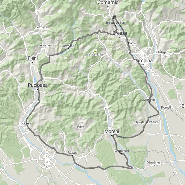 Map miniature of "Rural Delights" cycling inspiration in Sud-Muntenia, Romania. Generated by Tarmacs.app cycling route planner