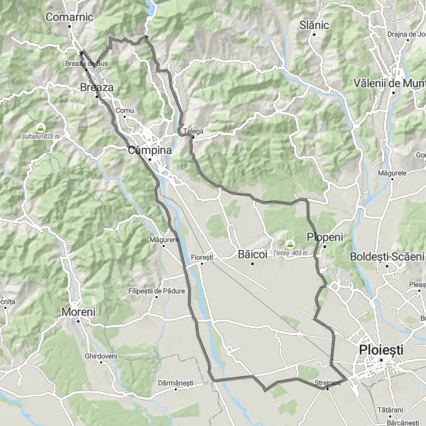 Map miniature of "Breaza - Doftana Road Journey" cycling inspiration in Sud-Muntenia, Romania. Generated by Tarmacs.app cycling route planner