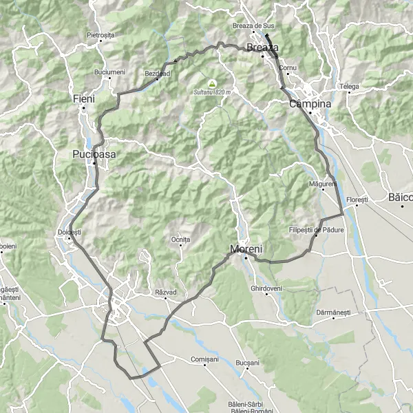 Map miniature of "Nature Retreat" cycling inspiration in Sud-Muntenia, Romania. Generated by Tarmacs.app cycling route planner