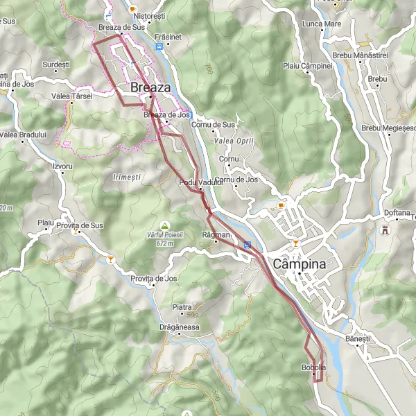 Map miniature of "Breaza Gravel Adventure" cycling inspiration in Sud-Muntenia, Romania. Generated by Tarmacs.app cycling route planner