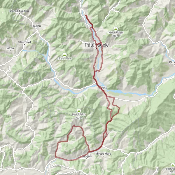 Map miniature of "Chiojdeanca - Mârlogea - Sibiciu de Sus - Chilălău - Cislău - Chiojdeanca Gravel Adventure" cycling inspiration in Sud-Muntenia, Romania. Generated by Tarmacs.app cycling route planner