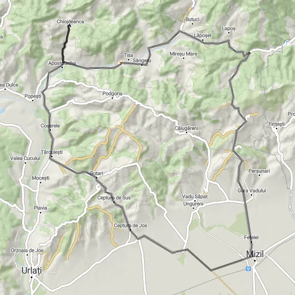 Map miniature of "Chiojdeanca - Mârlogea - Fefelei - Ceptura de Sus - Apostolache - Chiojdeanca Scenic Road Trip" cycling inspiration in Sud-Muntenia, Romania. Generated by Tarmacs.app cycling route planner