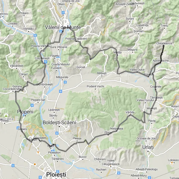 Map miniature of "Chiojdeanca - Nisipoasa - Păulești - Poiana Copăceni Round-Trip" cycling inspiration in Sud-Muntenia, Romania. Generated by Tarmacs.app cycling route planner