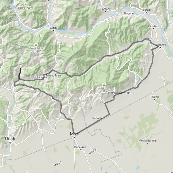 Map miniature of "The Challenging Road Quest" cycling inspiration in Sud-Muntenia, Romania. Generated by Tarmacs.app cycling route planner